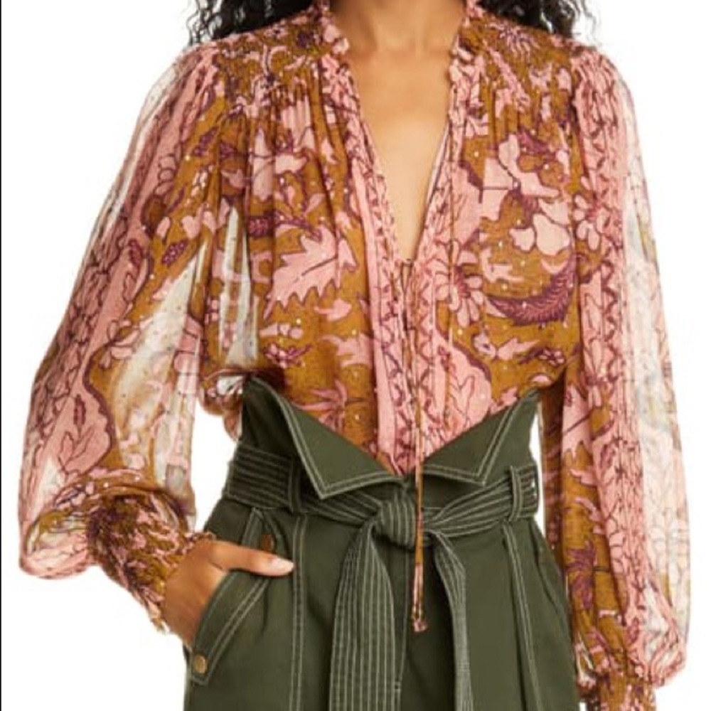 Anthropologie Pink and Brown Floral Blouse